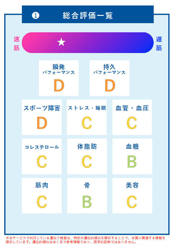 遺伝子分析結果レポート　総合評価一覧のサンプルページ
